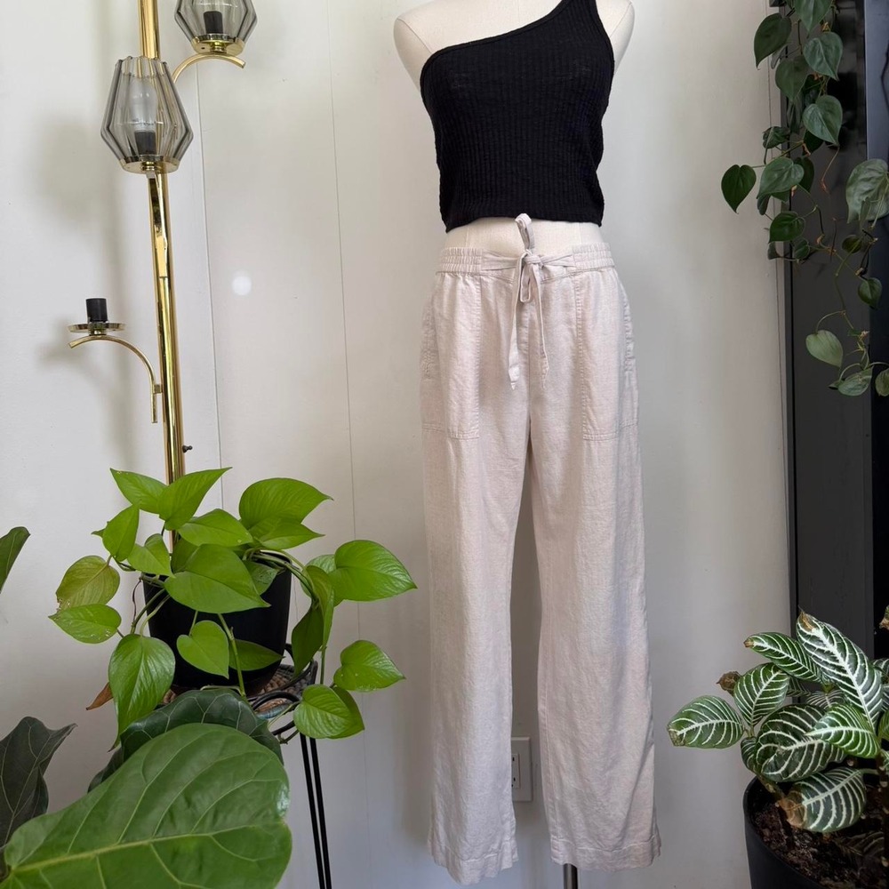 Rafaella Cream Linen Straight Wide Leg Pants Elastic Waist Cropped Tan Medium